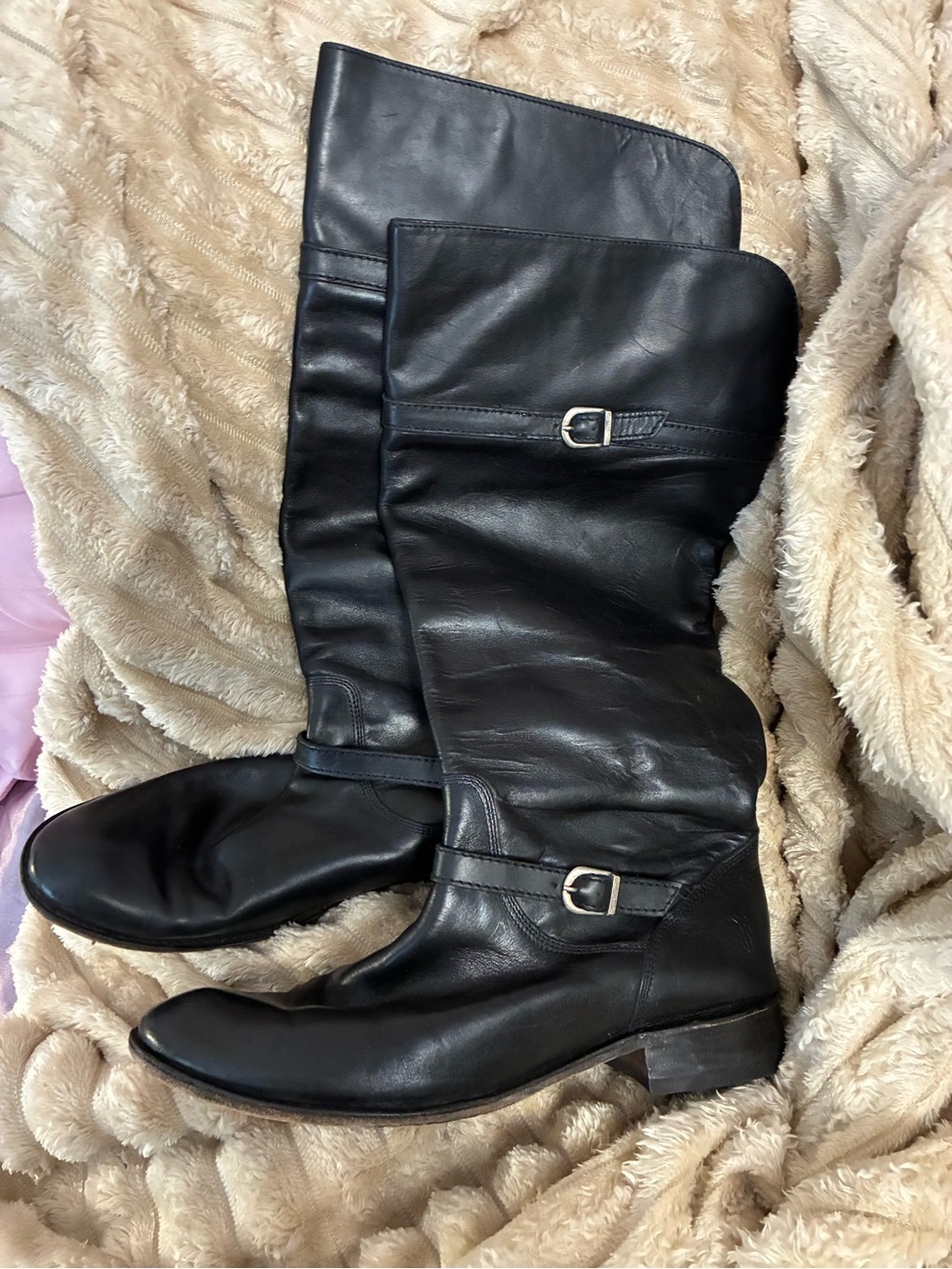 Frye Black Leather Over-the-Knee Buckle Boots